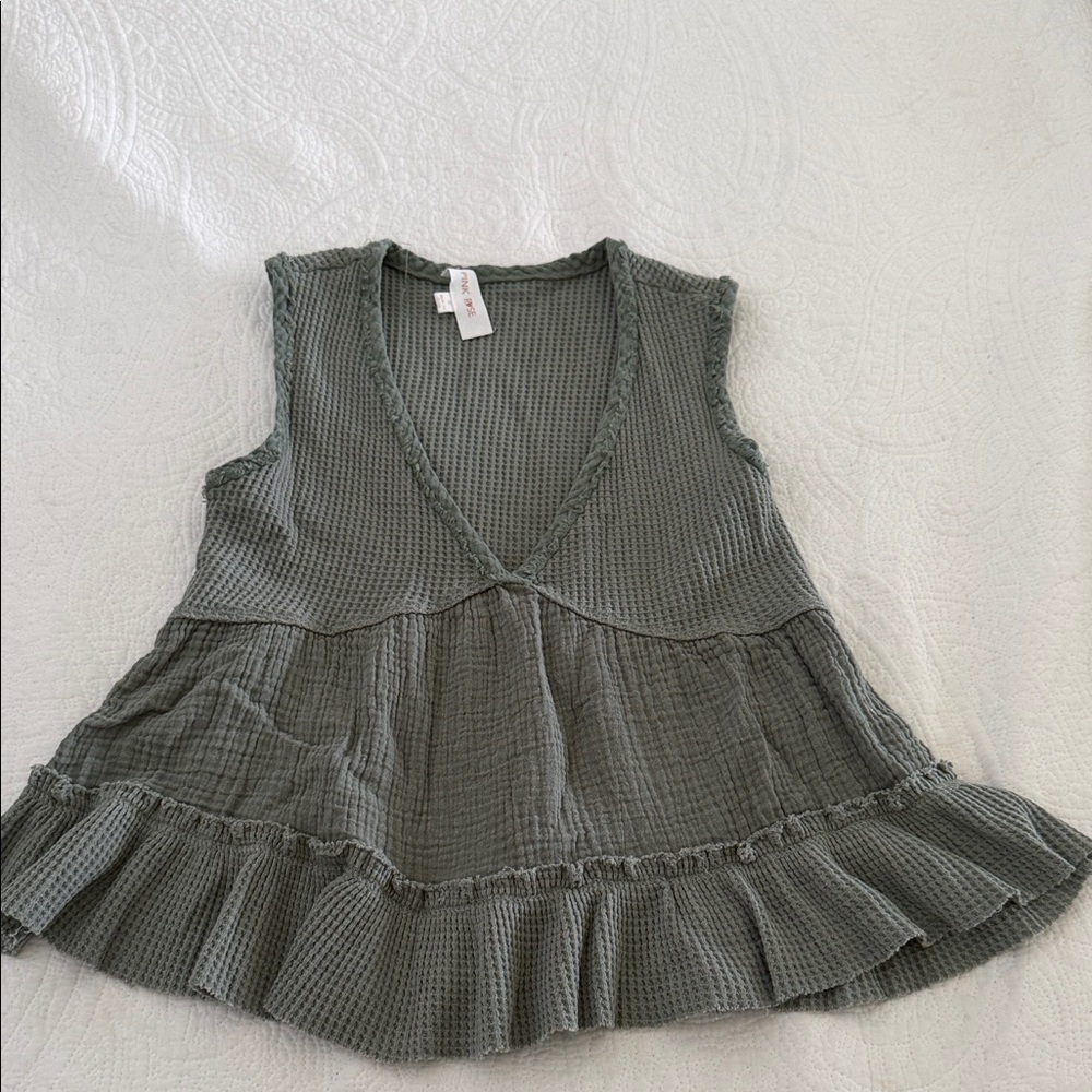 Sleeveless Moss Green Waffle Ruffle Top